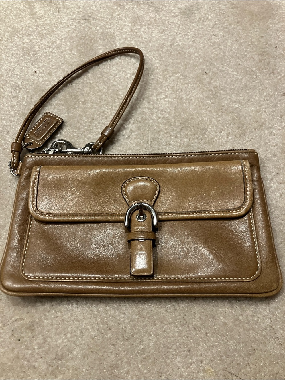 Coach Tan Leather Wristlet with Silver Buckle